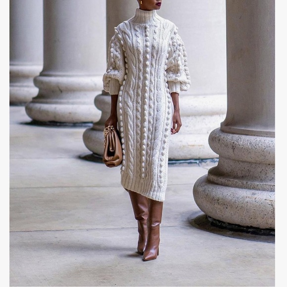 Dresses & Skirts - Elegant Cream Cable Knit Sweater Dress